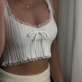 Getadme-Y2K Kawaii Bow Lace Trim White Crop Tops 90s Aesthetic Fairycore Vintage Sleeveless Vest Women Summer Holiday Camisole Clothes
