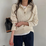 GETADME 우아한 니트 풀오버 루즈 여성 스웨터 솔리드 패션 스타일 라펠 트위스트 캐주얼 탑 다재다능한 오피스 심플 레트로 의류 