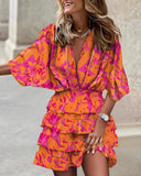 GETADME Women's Sport Dress V-Neck Loose Batwing Sleeve Elastic Waist Printed Dress Mini Casual Ruffle Hem Dresses