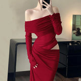 GETADME Elegant Off Shoulder Women's 2025 New Irregular Mesh Patchwork Long-sleeved Cut Out Skinny Evening Party Floor-length Long Dress