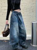 GETADME 2025 Grunge Y2K Streetwear Washed Blue Baggy Pleated Jeans Pants For Women Clothing Distressed Wide Leg Loose Old Lady Trousers