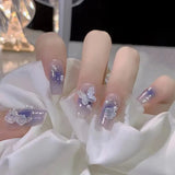 GETADME 24Pcs Pink Cat Blue Love Cute Short Ballet Press on False Nails Sweet French Cat Eye Bow Star Designs Style Detachable Nails Set