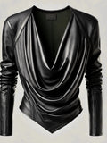 GETADME Women Cowl V Neck PU Leather Long Sleeve Blouse Cinched Irregular Hem Solid Leather T Shirt High Street Spring Streetwear