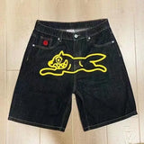 GETADME Y2k Streetwear Jean Shorts Gym Shorts for Men Casual Fashion Aesthetics Pattern Print Loose Sweatpant Gothic Black Denim Shorts