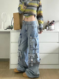 Getadme-Autumn Winter New Ladies Cargo Jeans American Street Style Baggy Cargo Pants Women Blue Multi-pocket Wide Leg Jeans for Women