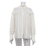 GETADME French Lapel Lantern Sleeve Lace Design Shirt, Loose White Shirt, Early Spring, New, 2025