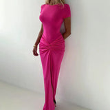 GETADME 여성 봄/여름 정장 솔리드 O넥 반팔 바디수트+셔링 스플릿 롱 스커트 캐주얼 하이스트리트 클럽 2피스 세트