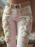 GETADME Spring Autumn New Women's High Waist Rose Embroidery Beaded Denim Pants Versatile Comfortable Casual Trendy Commuting Daily Wear