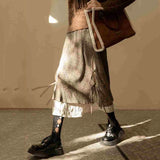 Getadme-Y2K Streetwear Irregular Long Skirts for Women Vintage Brown Fake Two Piece Corduroy Skirts Woman High Waist Lace Up Midi Skirt