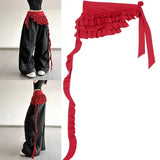 GETADME Embroidered Flower Lace Mini Skirt Irregular See Through Ruched Skirts Lace-up Design High Waist Pleated Skirts