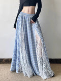GETADME Lace Patchwork Plaid Long Skirts Women Vintage Loose Sexy A Line Skirt French Retro Elegant Lady Design Sweet Casual Skirt