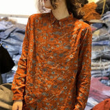 GETADME Cotton and Linen Spring New Artistic Retro Printed Shirts for Women Fashionable and Versatile Slimming Tops for Women