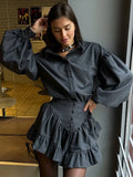 GETADME Plaid 2 Pieces Suits Women 2025 Spring Lapel Lantern Sleeves Single Breasted Shirt A-line Pleated Mini Skirt Female Vintage Sets