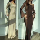 Getadme Women Elegant Long Dresses 2024 Fashion Simple Round Neck Satin Flare Sleeve Lace Up Slim Party Prome Maxi Dress Evening Gown