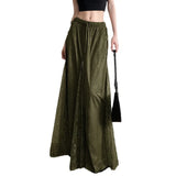 GETADME Green Retro Zipper Patchwork Lace Half Skirt Drawstring Elastic Waist Pocket Long Skirt Spring/Summer New Ethnic Style Skirt