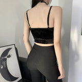 GETADME Black top Vintage Gothic Velvet Black Women Camis Grunge Punk Sexy Lace Trim Bodycon Crop Tops Elegant Backless Emo Streetwear