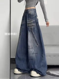 GETADME Women Harajuku Streetwear Y2K Baggy Jeans High Street Wide Leg Curved Knife Denim Pants Vintage Washed Letter Design Trousers