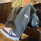 GETADME Three bar American retro jeans men's spring and autumn new style high street elastic waist loose casual men's straight leg long
