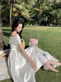 GETADME Horetong Bow Slash Neck Sexy Dress Summer Women White Fairy Elegant A-Line Midi Dresses Female Party Prom Clothes Vestdios