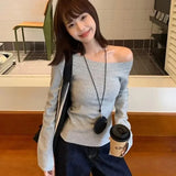 GETADME Sexy Pullovers Women Off Shoulder Cropped Knitted Basic Clothes Autumn All-match Side Slit Simple Tender Slim Gentle Seductive