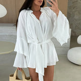 GETADME 봄 여름 러플 루즈 미니 드레스 캐주얼 플레어 슬리브 홀리데이 드레스 섹시 딥 V 레이스업 솔리드 컬러 여성 드레스 베스티드