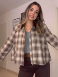 GETADME Panelled Plaid Turn-Down Collar Jackets Women Casual Loose Long Sleeve Short Jacket Female 2025 Spring Temperament Outwear Tops