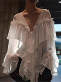 GETADME Sexy See-through V-neck Long Sleeve Chiffon Top Beach Party Shirt Trans-seasonal Women's Low Cut Shirt Ruffle Solid Color Tops