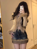 Getadme Washed Fur Paneled Denim Skirt for Women Retro Sexy Hot Girl High Waist A-line Skirt Y2k Skirt Fashion Casual Package Hip Skirt