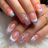 GETADME 24Pcs Short Square Coffin False Nails Square Fake Nails with Glue French Glitter Wearable Acrylic Nails Set Press on Nail Tips