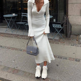 GETADME Elegant Ribbed Knitted V Neck Lapel Women Long Sleeve Elastic Solid&Stripes Printed Maxi Dresses Lady Fall Winter Bodycon Robes