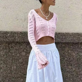 GETADME 툴라로즈 스프링 니트 가디건 여성 솔리드 V넥 홀로우 아웃 숏 니트 탑 패션 캐주얼 루즈 커뮤터 여성 티셔츠