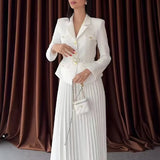 GETADME 가을 긴팔 블레이저 & 플리츠 스커트 여성복 우아한 패션 단색 오피스 2피스 세트 빈티지 여성 의류