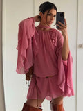 GETADME Elegant Solid Multiple Flounces Lace Up Dresses Chic Loose V Neck Full Sleeve Robes New Lady Summer Commute Vacation Gown 2025