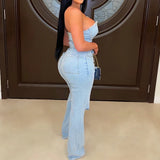 GETADME Casual Denim Jumpsuit Summer Women 2025 Strapless V Neck Zip Up Hole Street Trend Wide Leg Pants Club Romper With Pockets