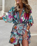 GETADME Women's Sport Dress V-Neck Loose Batwing Sleeve Elastic Waist Printed Dress Mini Casual Ruffle Hem Dresses