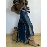 GETADME Women Blue Denim Half Body Skirt Tassels Bottoms High Waist Casual Korean Mid Length Skirt Baggy Vintage Female Long Skirt
