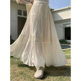 GETADME 2025 Spring and Summer New pleated A-line skirt in the long high waist thin gauze skirt  Lady Girl Skirt Chic Elegant Long Skirt