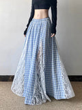 GETADME Lace Patchwork Plaid Long Skirts Women Vintage Loose Sexy A Line Skirt French Retro Elegant Lady Design Sweet Casual Skirt