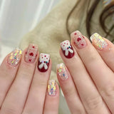 GETADME 24Pcs Pink Cat Blue Love Cute Short Ballet Press on False Nails Sweet French Cat Eye Bow Star Designs Style Detachable Nails Set