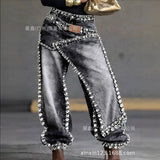 GETADME Women Wide Leg Pants Jeans Rhinestone Denims Distressed Washed Full Length Vintage Asymmetrical Trousers Y2k Streetwear 2026