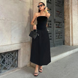 GETADME 섹시 A라인 드레스 여성 여름 신상품 블랙 슬림핏 오프숄더 가슴 드레스 래핑 패션 패치워크 슬리브리스 맥시 드레스