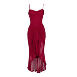 GETADME Suninheart Irregular Mesh Party Dresses 2025 New Arrivals Spaghetti Strap Bodycon Dress Fashion Ruched Long Dress Women