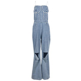 GETADME Casual Denim Jumpsuit Summer Women 2025 Strapless V Neck Zip Up Hole Street Trend Wide Leg Pants Club Romper With Pockets