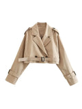 GETADME 2025 Belt Cropped Trench Spring Jacket Women Vintage Streetwear Double Breasted Long Sleeve Top Female Coat Outfits
