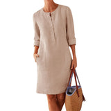 GETADME Women Casual Soild Long Sleeve Cotton And Linen Tunic Dress Vintage Straight Dress Long Sleeve Oversized Mini Knee-Length Dress