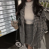 GETADME Spring Autumn 2025 New Houndstooth Suit Women's Fashion Loose Double-Breasted Cotton Woolen Coat+High Waist Skirt Two-Piece Suit