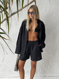 Ensemble short décontracté pour femme GETADME Wolfeel, 100 % coton, couleur unie, chemise confortable à revers et manches longues, idéal pour l'été avec taille élastique.