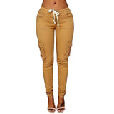 GETADME Mather 2025 Spring Lace Up Waist Casual Women Pants Solid Pencil Pants Multi-Pockets Straight Trousers S-4XL