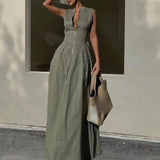 GETADME O Neck Long A-line Dress 2025 Ladies Sleeveless Solid Color Zip Up Commuter High Waist Zipper Maxi Party Dresses