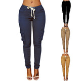 GETADME Mather 2025 Spring Lace Up Waist Casual Women Pants Solid Pencil Pants Multi-Pockets Straight Trousers S-4XL